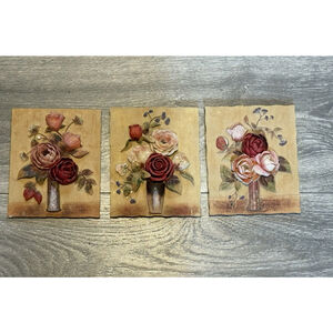 Set of 3 Floral Pink Red Rose Decor Tile Wall Plaques 3D Vintage 4.5x5.5” MCM